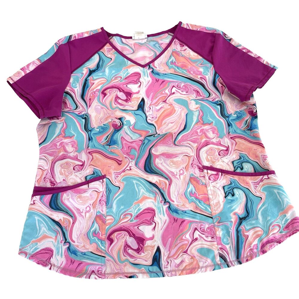 Scrubstar Women's XL Magenta Swirl Scrub Top Medical Vneck Stretch RN Tech LPN